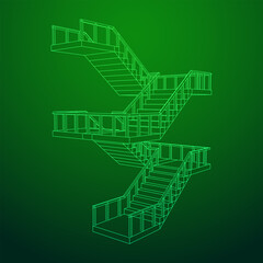 Wireframe stairs, interior staircases steps with railing. Wireframe low poly mesh vector illustration.