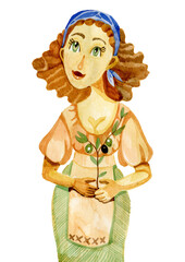 girl with olives in hand watercolor illustration character