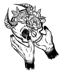 Vector illustration. skull with horns in hands, peonies flowers, mysticism. Handmade, prints on T-shirts. background white, tattoos