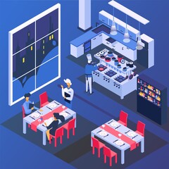 Couple people in restaurant at table, romantic dinner vector illustration. Man woman character drink and eat food, isometric love date. Happy isometry dating at cafe flat background.