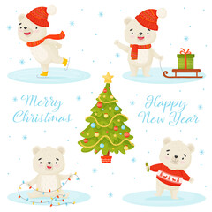 Happy Christmas and Happy New Year. Vector set with a character. White bear in different poses, Christmas tree and lettering on a white background.