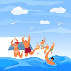 Obraz na płótnie Canvas Yacht party in summer, sea luxury vacation vector illustration. Luxury ocean travel at ship boat, holiday adventure. Man woman people character in tropical fun cruise, happy sun leisure.
