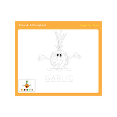 Simple educational draw and coloring game for kids. Illustration of funny Garlic.