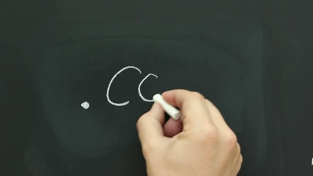 Writing the words '.com' dot com on a Chalkboard - The person is using chalk to write with their hand this text. Stock Video Clip Footage