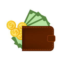 pile money dollar and brown wallet isolated on white, token dollar and banknote at wallet for payment icon, clip art wallet on banknote money, banknote pile medal coin money, currency cash pay concept