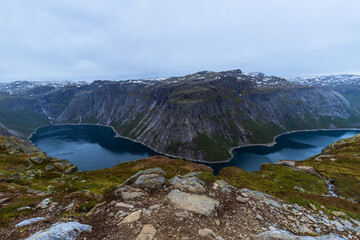 Fototapeta na wymiar Landscape Scenery Of Lake Ringedalsvatnet Near The Trail To Trolltunga In Norway.