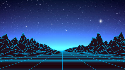 Synthwave background. Dark Retro Futuristic backdrop with blue wireframe landscape and sky full of stars. Horizon glow. Abstract Retrowave template. 80s Vaporwave style. Stock vector illustration