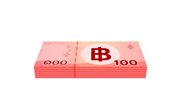 pile money 100 baht banknote thai, currency stack of one hundred THB type, bank note money thailand baht for business and finance icon, paper money thai isolated on white background