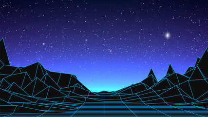 Fototapeta premium Synthwave background. Dark Retro Futuristic backdrop with blue wireframe landscape and sky full of stars. Horizon glow. Abstract Retrowave template. 80s Vaporwave style. Stock vector illustration