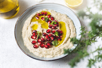 Close up of traditional arabic dip from baked eggplants with olive oil and pomegranate