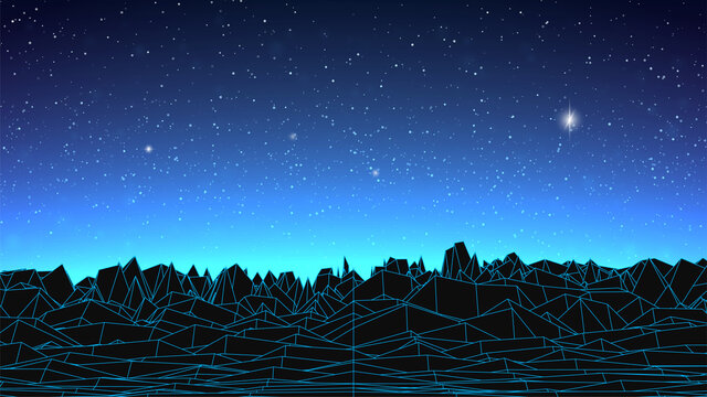 Synthwave background. Dark Retro Futuristic backdrop with blue wireframe landscape and sky full of stars. Horizon glow. Abstract Retrowave template. 80s Vaporwave style. Stock vector illustration