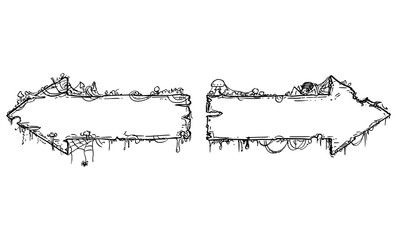 Obraz premium Hand drawn vector left and right traffic directional old decaying fantasy or fairy tale wooden arrows covered by moss, mushrooms and cobweb or spider web. Rough or sketchy design elements.
