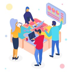 Business teamwork puzzle, isometric vector illustration. People team character work at web design for success. Flat solution together, infographic cartoon idea partnership in group.