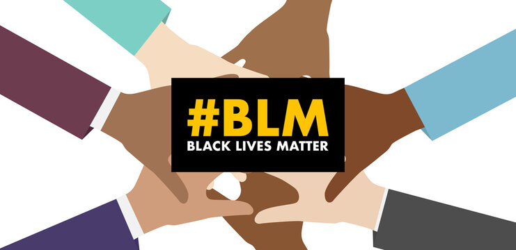 diverse group of hands together with overlay of hashtag black lives matter on a white background