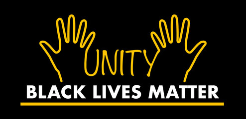 word unity surrounded by two hands on a black background with the words black lives matter underneath