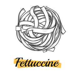 Pasta Fettuccine Tagliatelle Pappardelle or Taglierini sketch. Italian Food vector illustration. Vintage hand drawn doodle style. Engraved, ink, outline. Hand drawing.