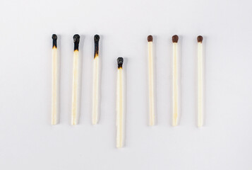 Matchsticks burn, one piece prevents the fire from spreading - the concept of how to stop the coronavirus from spreading: stay at home. Flat lay. Close up