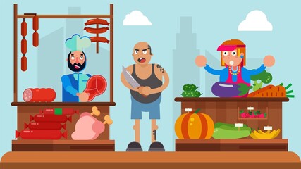 Bad guy concept, man thug at market, vector illustration. Cartoon pickpocket character in crime near fruits. Pilferer angry ruffian near seller, threaten with knife. Adult gangster aggression.