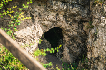 Denisova's cave. cave in Altai. entrance to the cave.