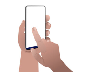 Hands holding smartphone or mobile phone with empty screen.  Communication concept. Colorful vector illustration in cartoon style.