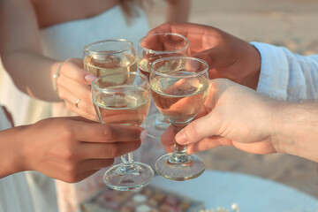 Company of friends hold glasses of wine. Hands with glasses.