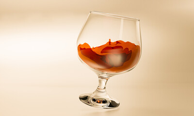 Brandy in clear glass. Brandy spilled in a glass, placed on the floor, orange-brown tones. 3D Rendering