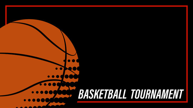 orange basketball ball, template, layout for the competition poster on a black background. Team sports
