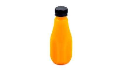 Squeezed orange juice in plastic bottles placed on a white background
