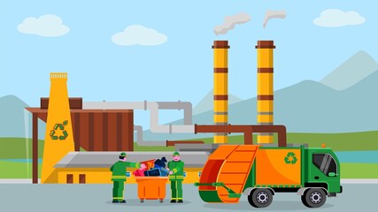 Obraz na płótnie Canvas Waste recycle plant, vector illustration. Trash recycling industry concept design, people near truck with cartoon garbage. Alternative rubbish care, environmental graphic worker, car transportation.