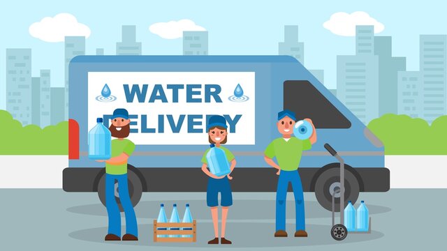 Water delivery service, courier near bottle at cargo vector illustration. Man woman worker character shipping water for company.Fast transport logistic, cartoon express aqua deliver.