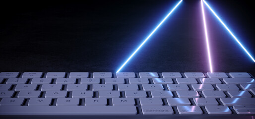 Obraz premium Neon Laser White Keyboard Gaming Closeup Beams Vibrant Purple Blue Retro Sci Fi Modern Futuristic Typing Cyber Virtual Reality Alien Spaceship Command Center 3D Rendering