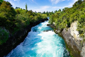 Huka Falls - Waikato River near Taupo on a sunny day - landscape.
