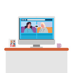 women talk to each other on the computer screen, conference video call vector illustration design
