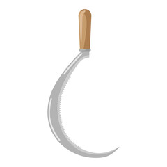 Gray sickle on white background isolated. Instrument for mowing grass with wooden handle in style flat. Garden tool