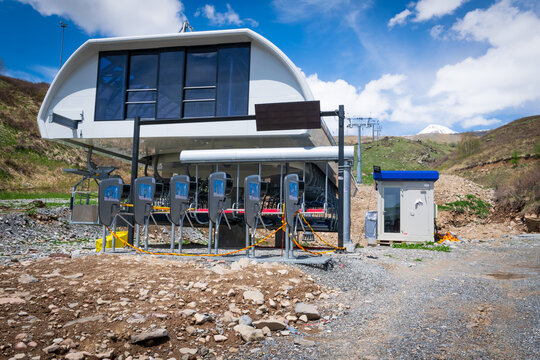 Gudauri Ski Lift Entrance With Stop Tape On And No People In A Summer. Ski Season Finish.GUDAURI. Georgia.27.05.2020