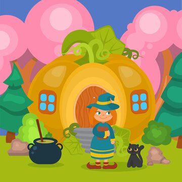 Halloween pumpkin house with witch and cat, vector illustration. Scary holiday cartoon character near magic house, girl in hat. Horror mystery costume at outdoor background, creepy potion in cauldron.