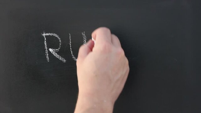 Writing the words 'Rules' on a Chalkboard - The person is using chalk to write with their hand this text. Stock Video Clip Footage