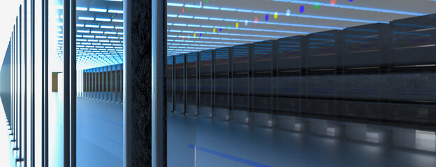 Servers. Server data center. Backup, hosting, mainframe, farm and computer rack with storage information. 3d render