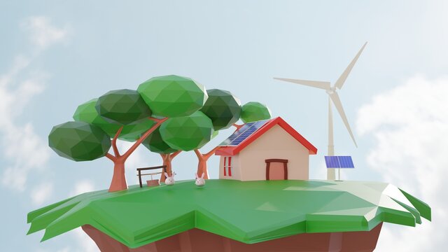 3D illustration. 3D low polygon. The island floats in the sky. A house, a white windmill, solar cell and the tree on the island.