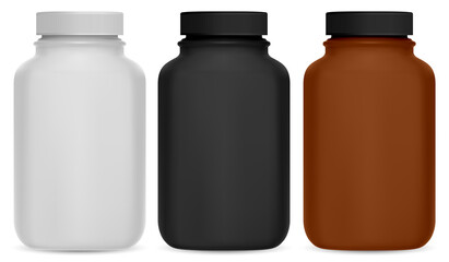 Pill bottle. Vitamin supplement 3d package mockup. Medical jar design without logo for health care drugs. Plastic medicine container for tablet, capsule. Glossy cylinder pack for protein powder