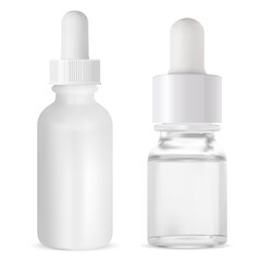 Serum dropper vial. Cosmetic aroma oil bottle. Anti aging care liquid glass pot mockup design. Medical flask with eyedropper for natural collagen treatment. Vape packaging blank with pipette. 3d vecto