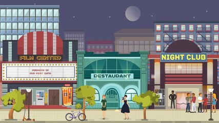 Street at urban night, people lifestyle vector illustration. Man woman character at building background,town road and cityscape. City home exterior with light, cartoon walk outdoor.