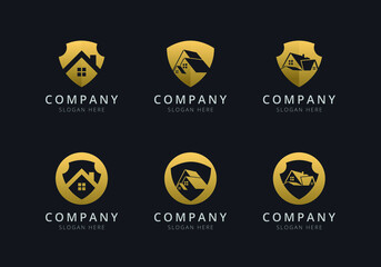 Shield and house logo template with golden style color for the company