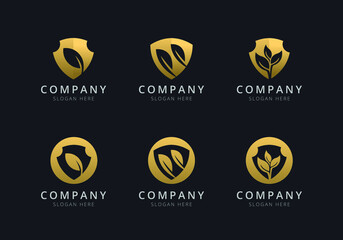 Shield and leaf logo template with golden style color for the company