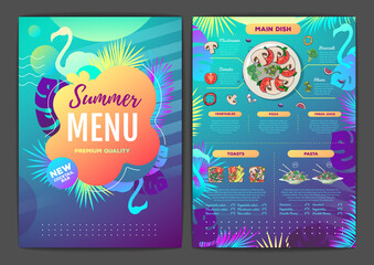 Restaurant summer tropical gradient menu design with fluorescent tropic leaves and flamingo. Fast food menu