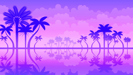 Abstract Ocean Sea Summer Tropical Background Vector With Palm Trees Silhouette And Clouds Nature Paradise