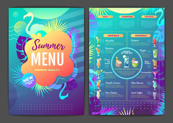 Restaurant summer tropical gradient cocktail menu design with fluorescent tropic leaves and flamingo. - obrazy, fototapety, plakaty
