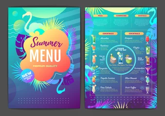 Fotobehang Restaurant summer tropical gradient cocktail menu design with fluorescent tropic leaves and flamingo. © annbozhko