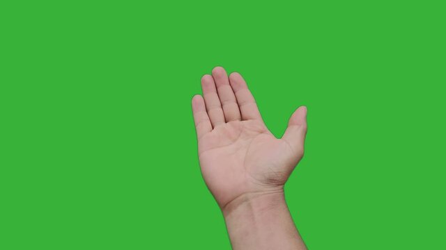 Footage real time hand of asian man waving inviting to join isolated on chroma key green screen background. Welcome concept.