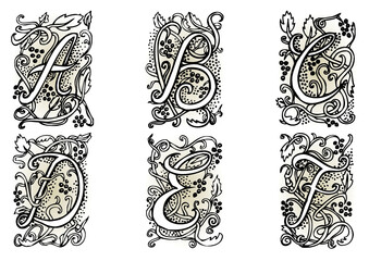 Hand drawn artistic vector fairytale letters " a ", " b ", " c ", " d ", " e ", " f ".  Whole alphabet downloadable at my portfolio.